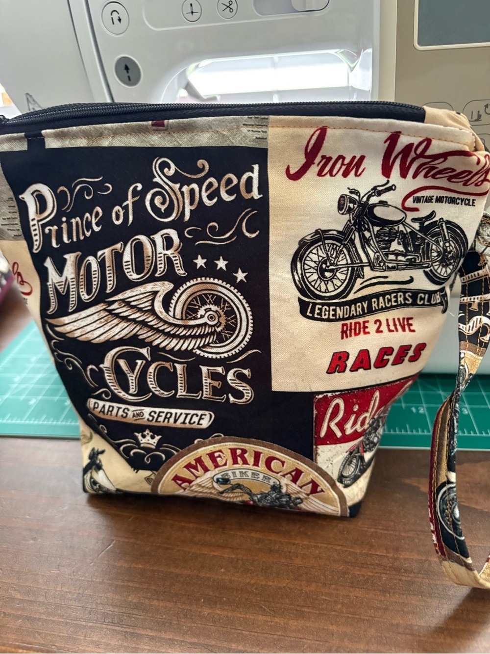 Motorcycle Print Canvas Wristlet Clutch - Black, Cream, Red